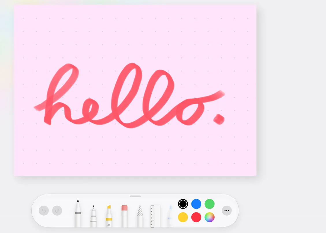 Handwriting “hello” on a pink dotted card, with the Apple Pencil tool palette below.