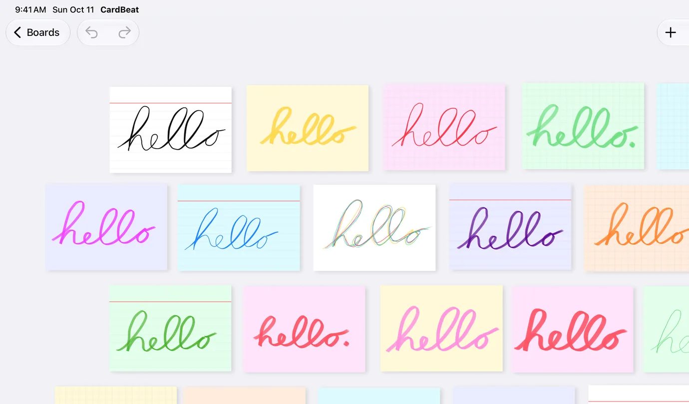 A board of “hello” cards written in many pens, colors and card styles.