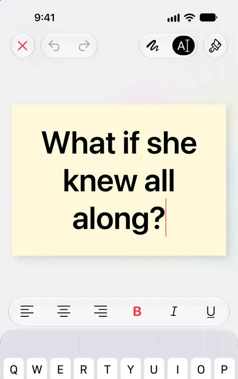 Typing “What if she knew all along?” on a yellow card on iPhone, with the formatting bar.